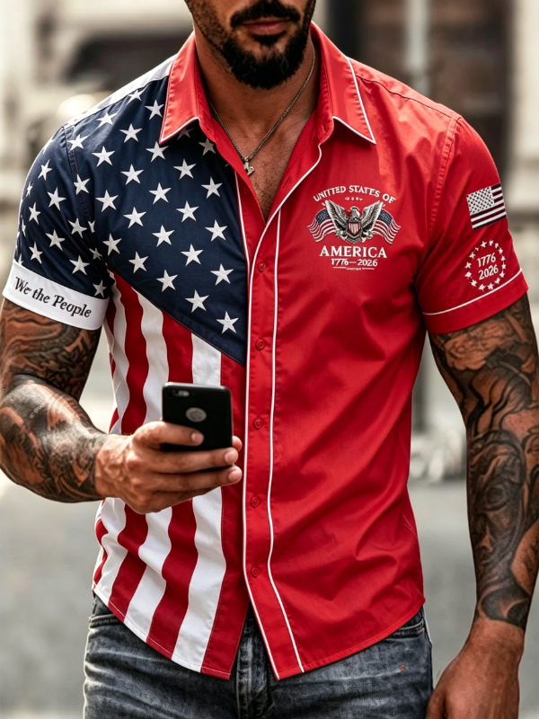 Men's Split American Eagle Flag Patriotic Short Sleeve Button Down Shirt