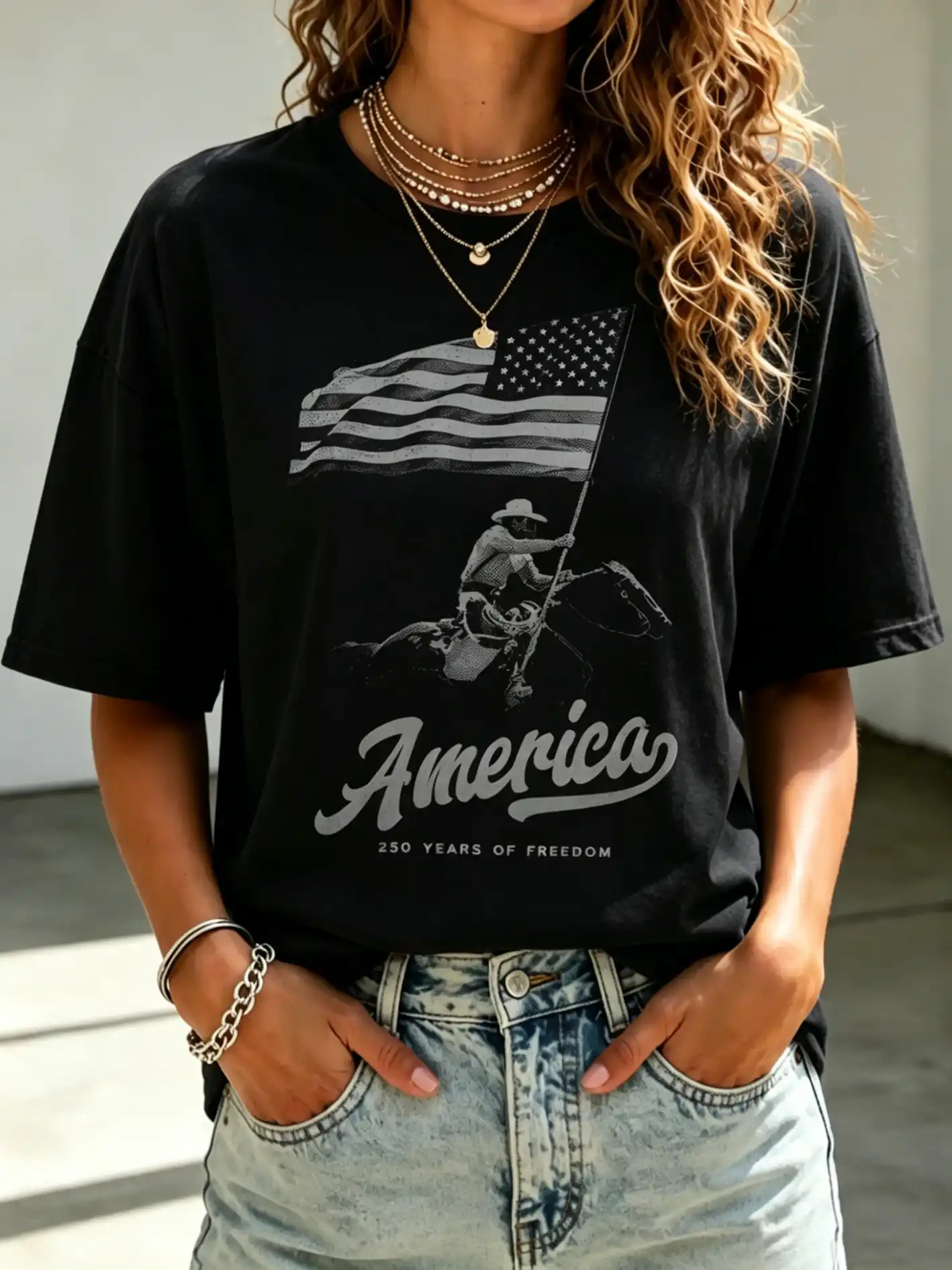 Women's Vintage Washed America Cowboy Rider USA Flag 250 Years Of Freedom Oversized Short Sleeve Tee