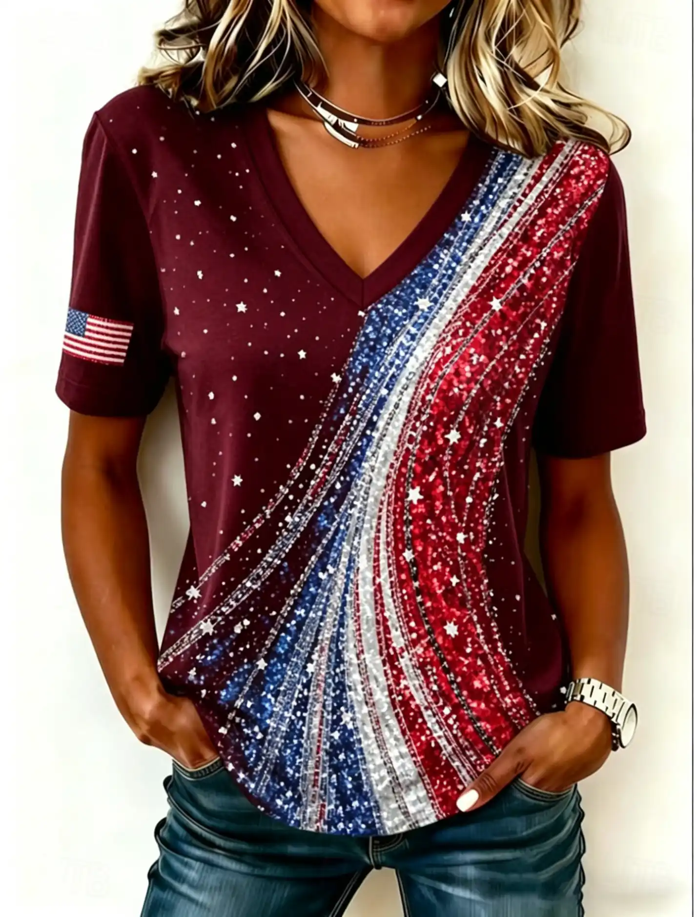 Women's Glitter USA Flag Stripe Star V-Neck Short Sleeve Patriotic Tee