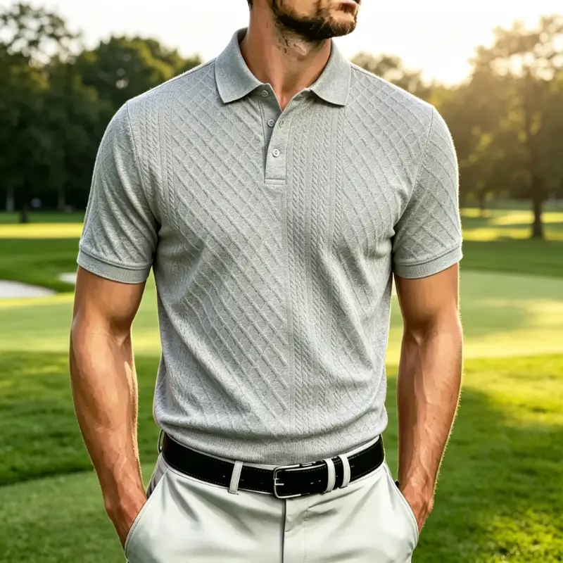 Men's Diagonal Cable Knit Short Sleeve Polo Shirt