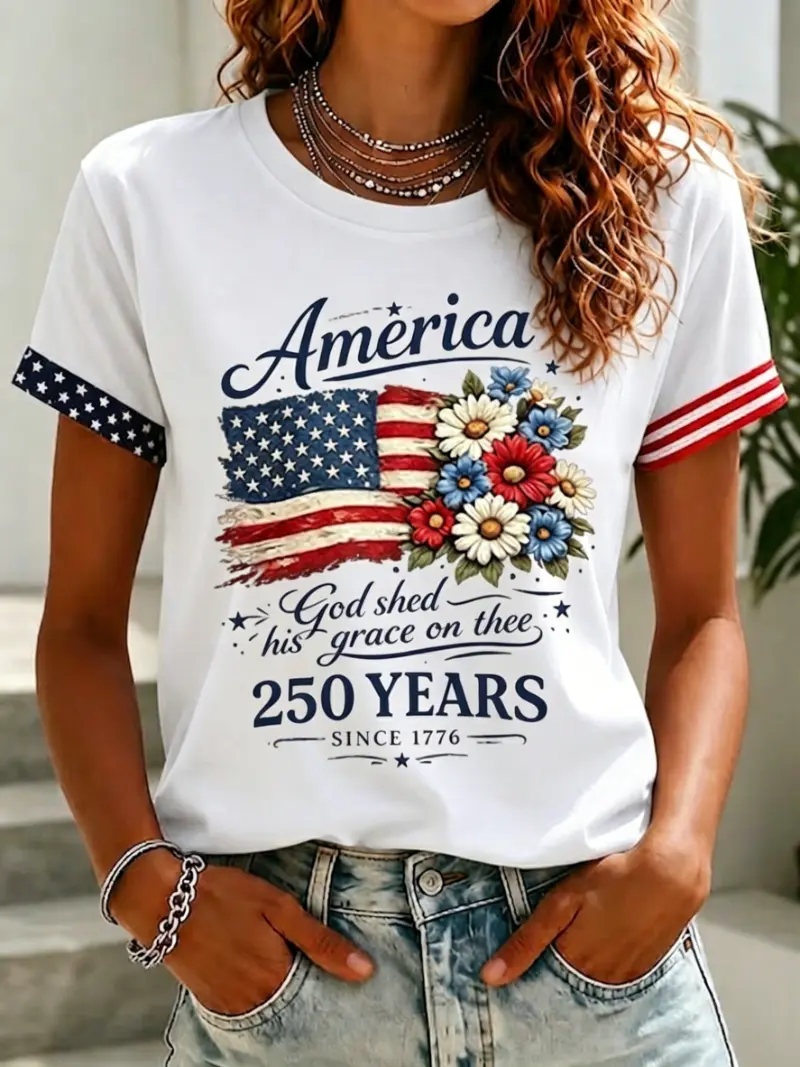 ✨ Women's Patriotic Floral Flag Short Sleeve Tee | Asymmetric Cuff Detail