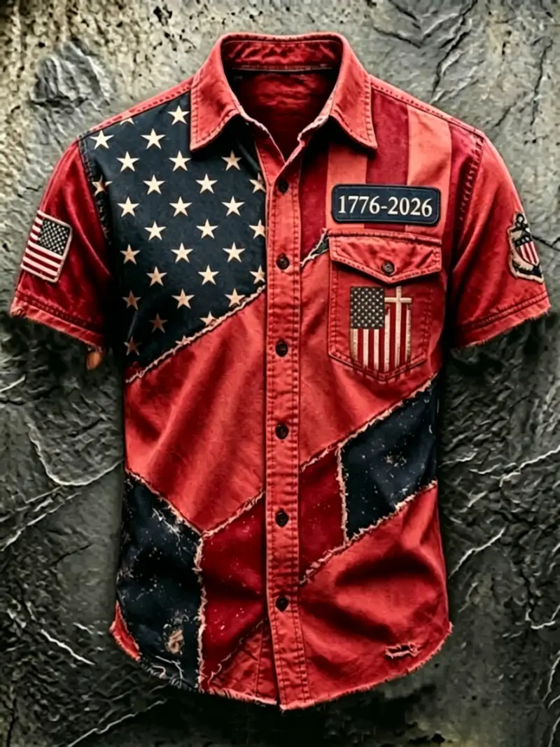 Men's Patriotic Distressed Flag Button-Up Shirt