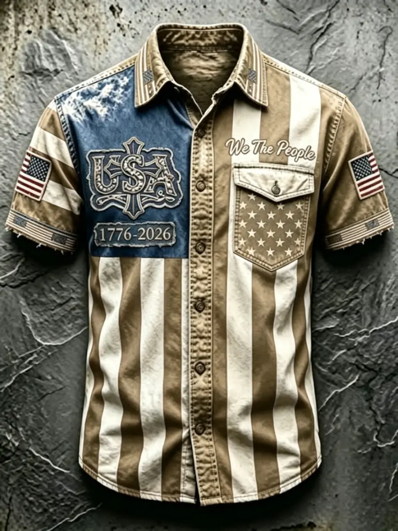 Men's Patriotic Vintage Flag Button-Up Shirt