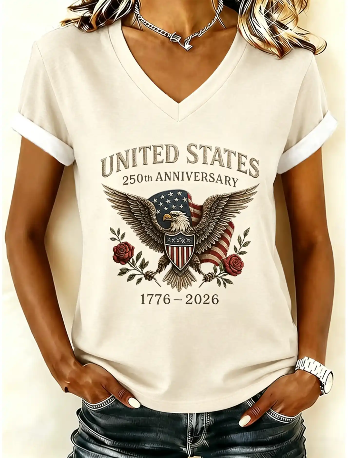 Women's United States 250th Anniversary Eagle Rose USA Shield Flag V-Neck Rolled Cuff Short Sleeve Tee