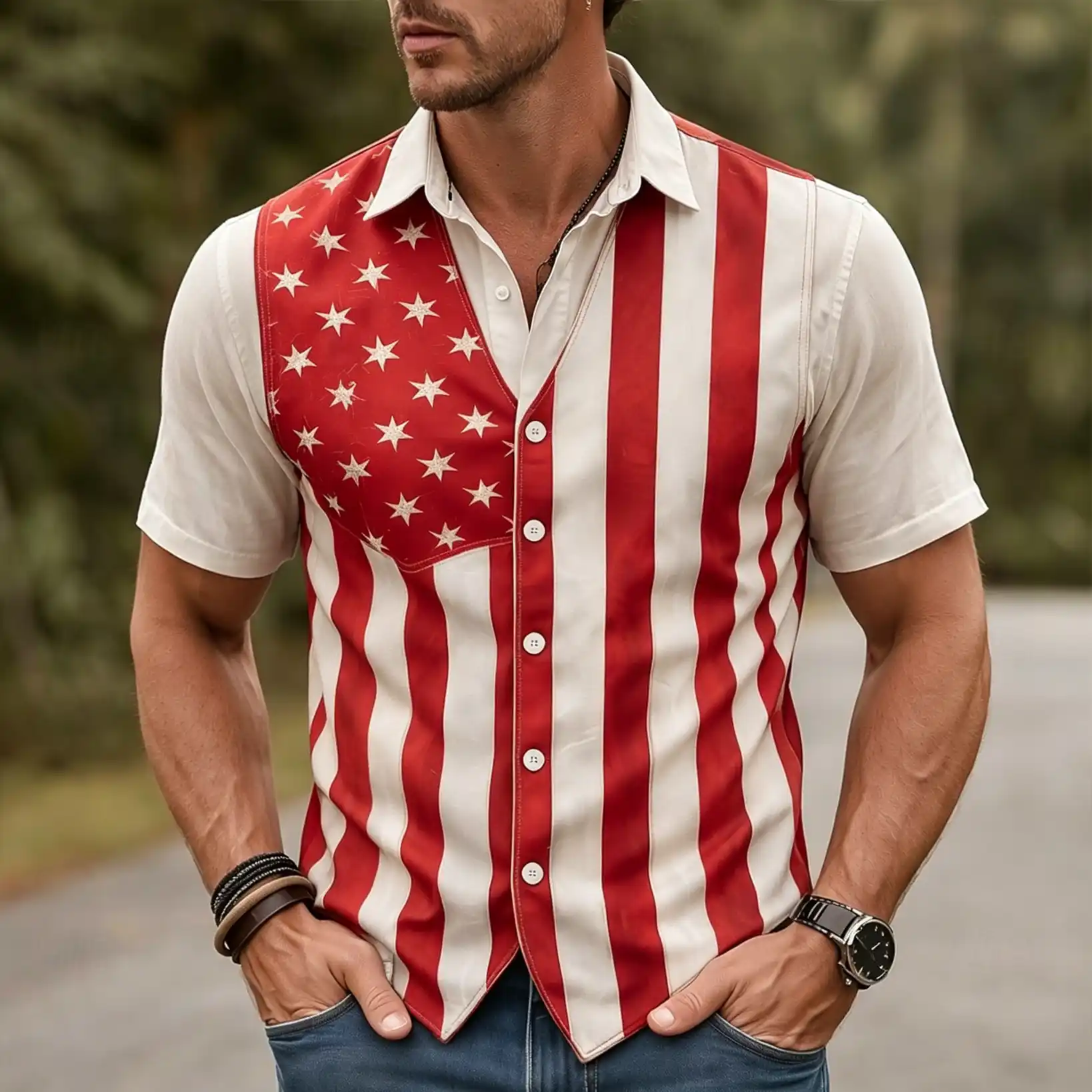Men's Vintage Distressed USA Flag V-Neck Button Front Sleeveless Waistcoat Vest