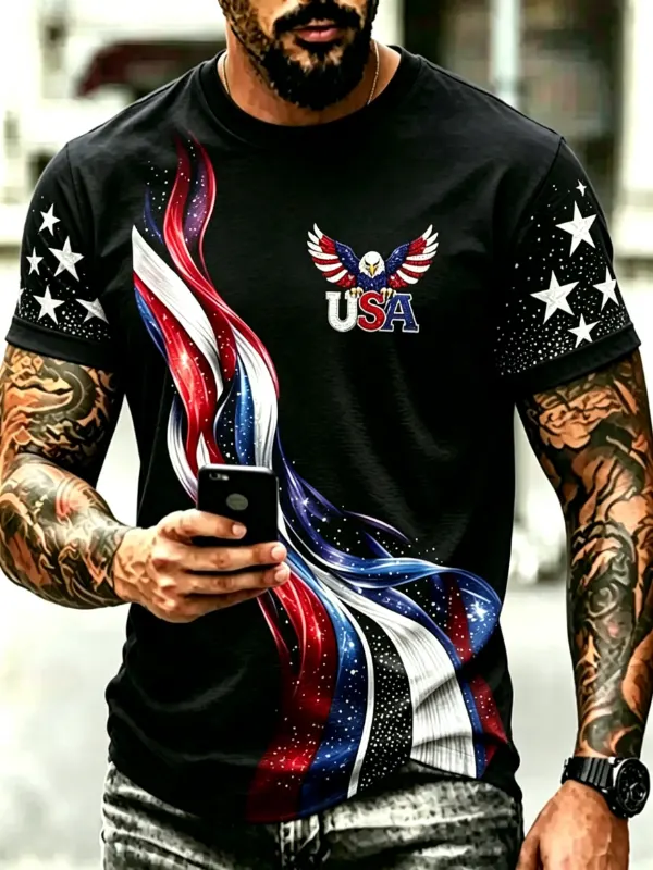 Men's Eagle USA Flowing Flag Graphic Short Sleeve T-Shirt Brief Description