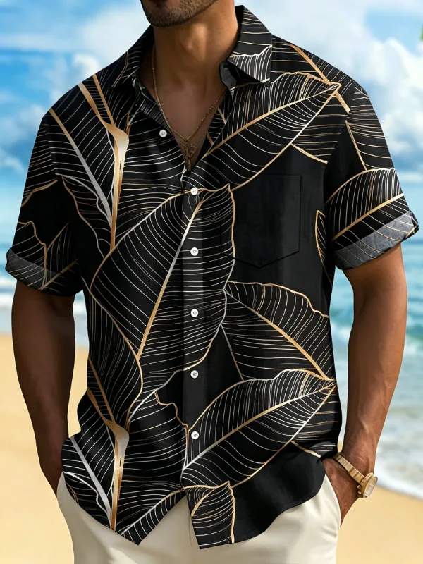 Men's Banana Leaf Print Short Sleeve Button Down Resort Shirt