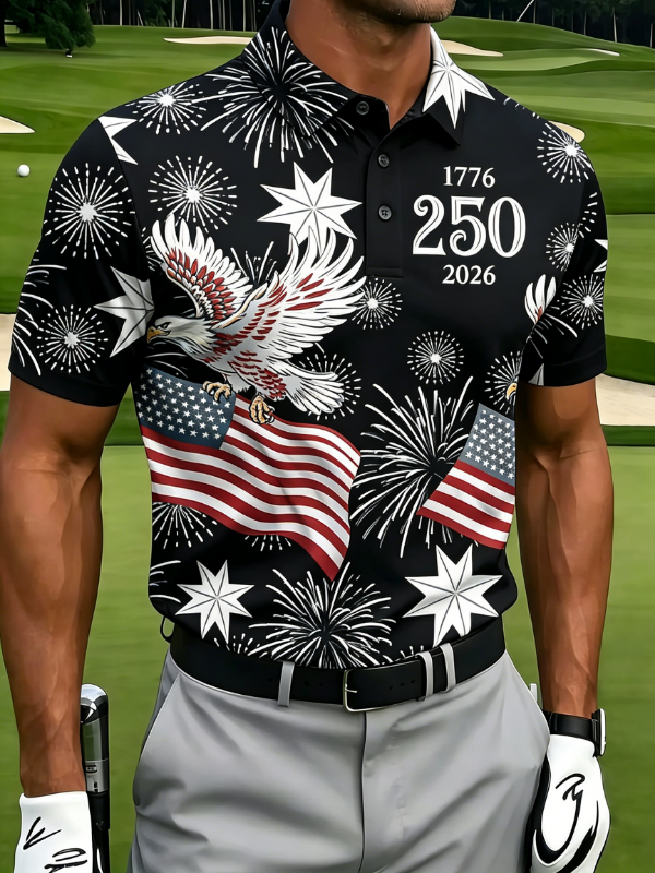 Men's 250th USA Anniversary Eagle Fireworks Flag Golf Polo