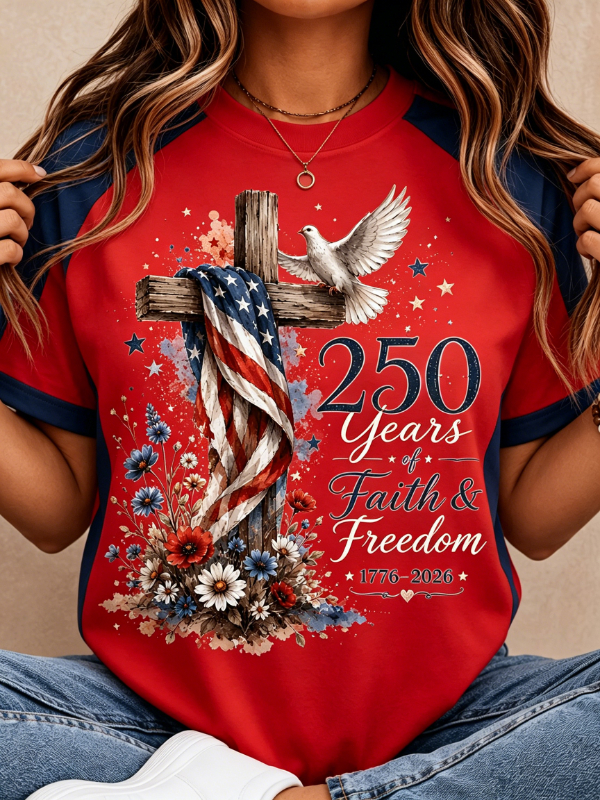 Women's Cross Dove Floral Faith Freedom Patriotic Crew Neck T-Shirt