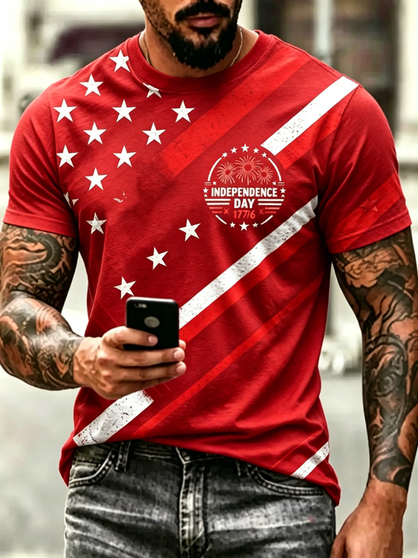 Men's Vintage Diagonal Star Stripe Independence Day 1776 Short Sleeve T-Shirt