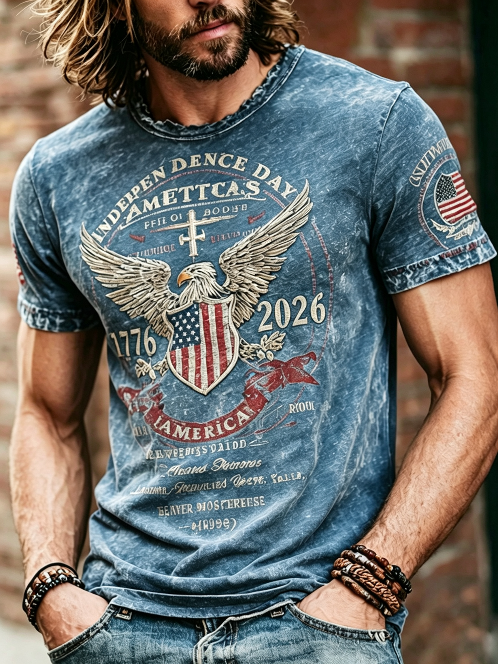 Men's Vintage Washed Eagle Cross Independence Day 1776-2026 Short Sleeve T-Shirt