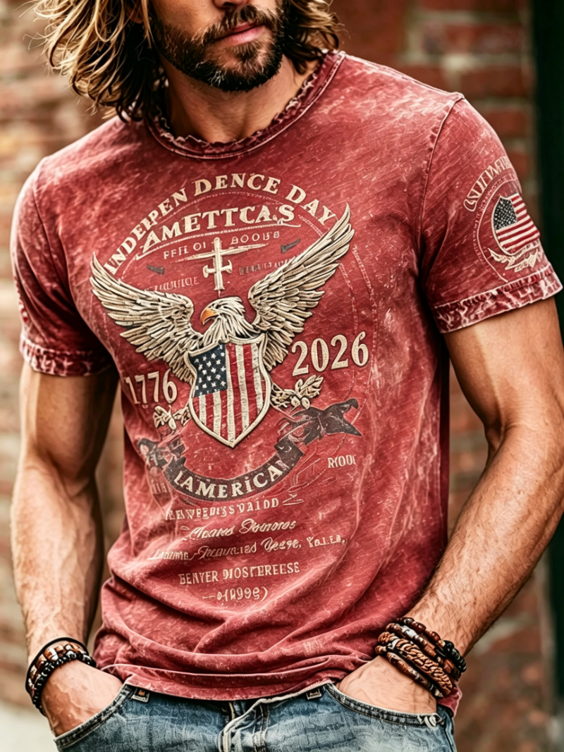 Men's Vintage Washed Eagle Cross Independence Day 1776-2026 Short Sleeve T-Shirt