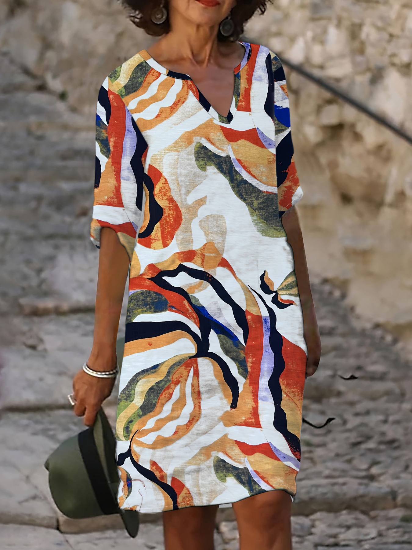 Women's Abstract Marble Print Notch V Neck Three Quarter Sleeve Midi Dress