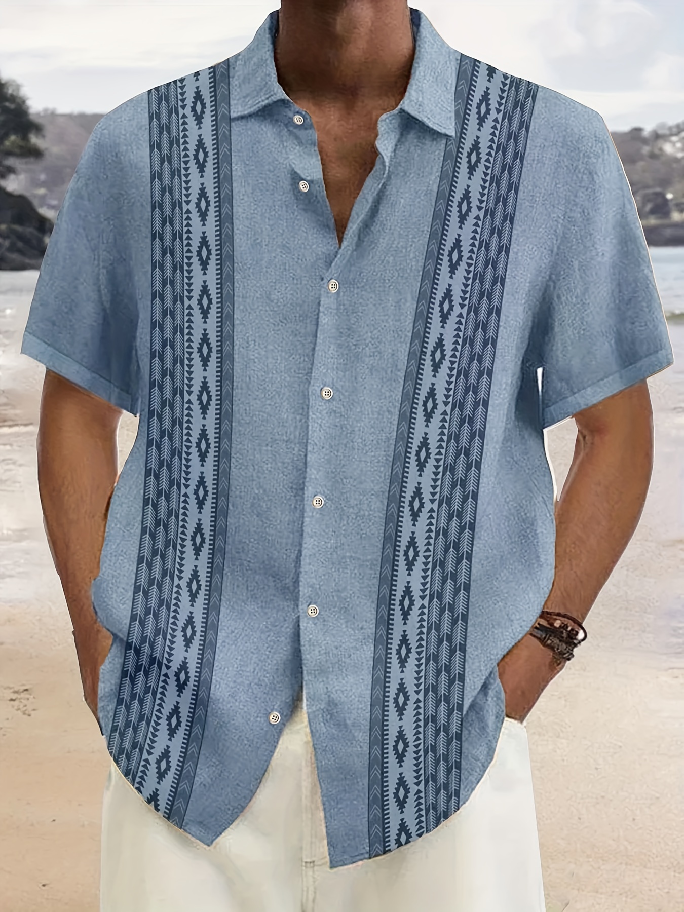 Men's Ethnic Geometric Striped Print Short Sleeve Button Down Resort Shirt