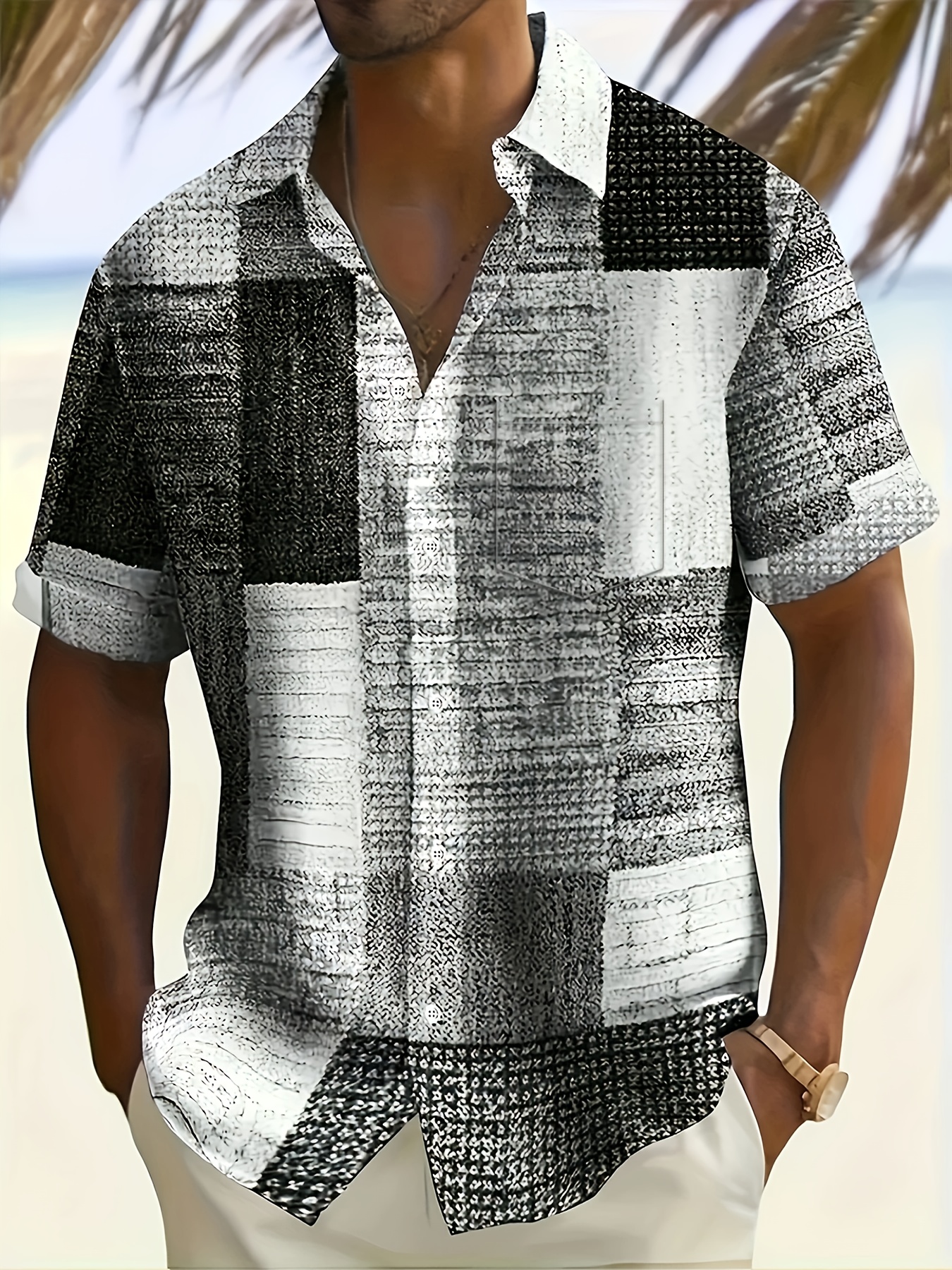 Men's Plaid Patchwork Print Short Sleeve Button Down Resort Shirt