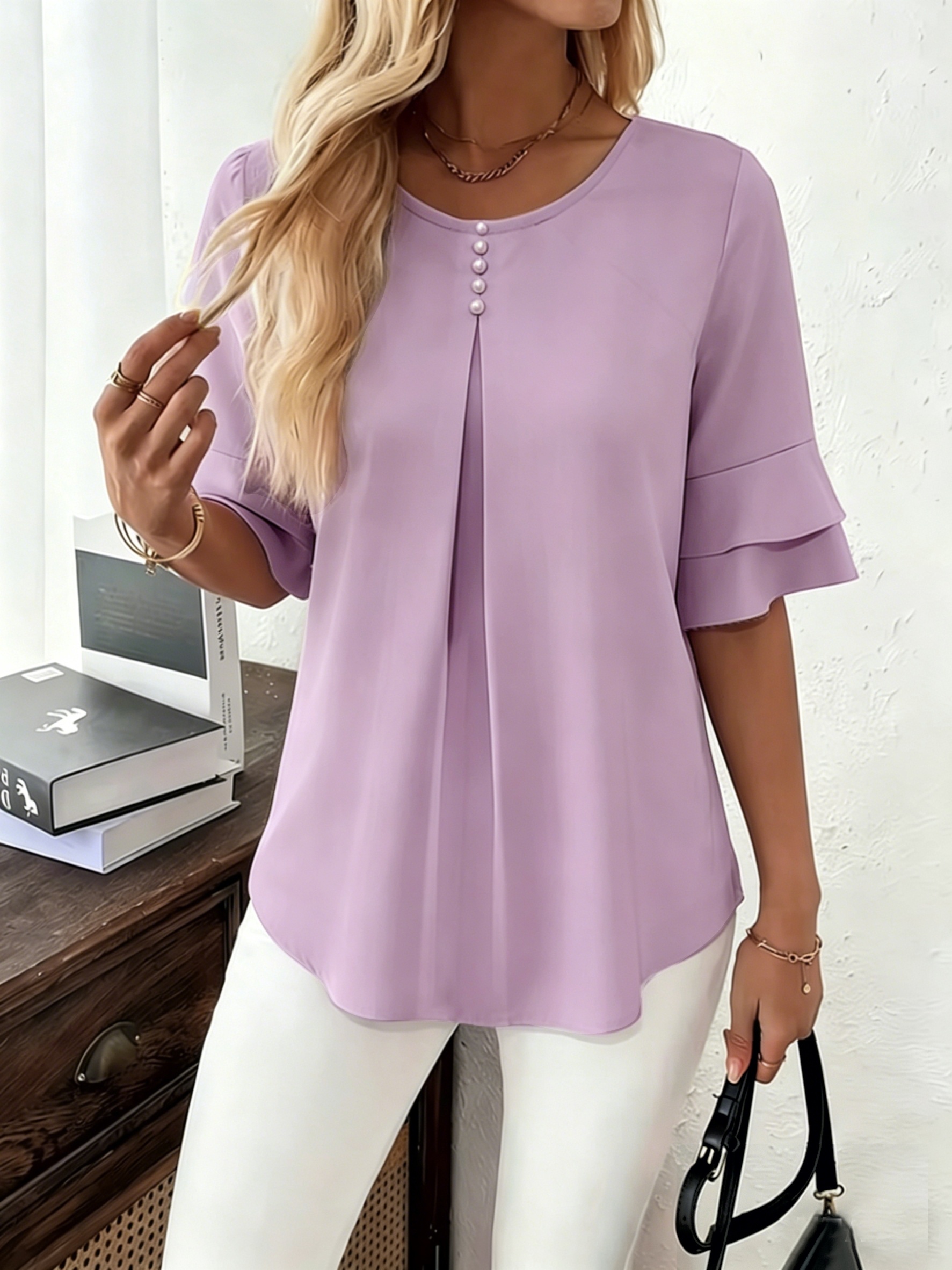 Women's Pearl Button Pleated Front Layered Flare Sleeve Blouse