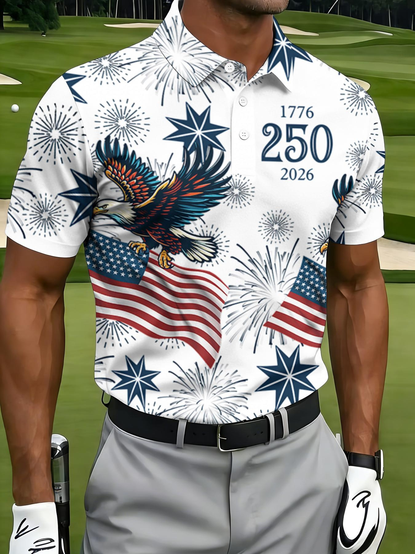Men's 250th USA Anniversary Eagle Fireworks Flag Golf Polo