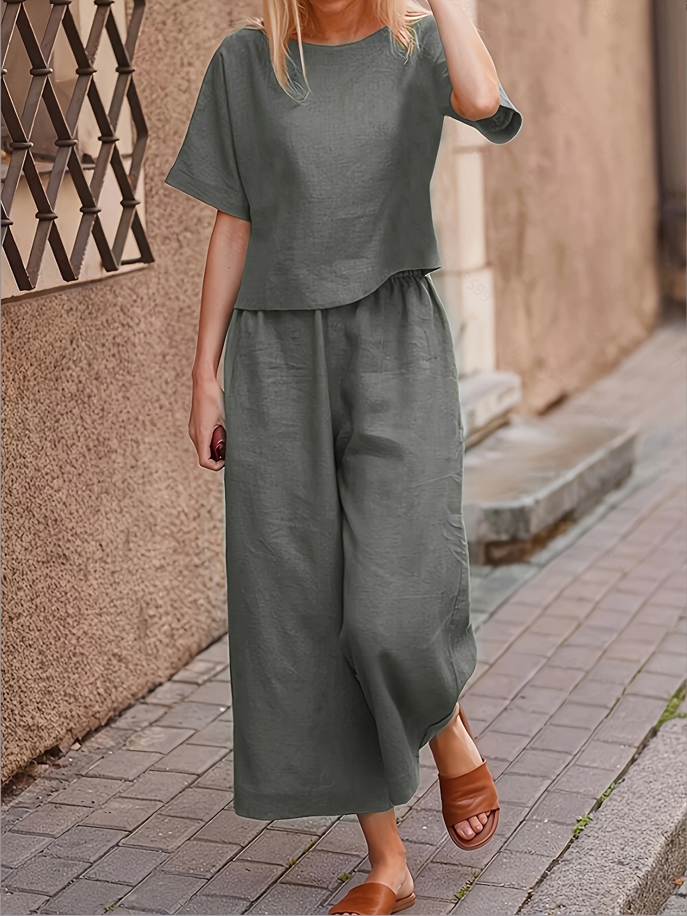 Women's Short Sleeve Crop Top & Wide Leg Cropped Pants Linen Two Piece Set
