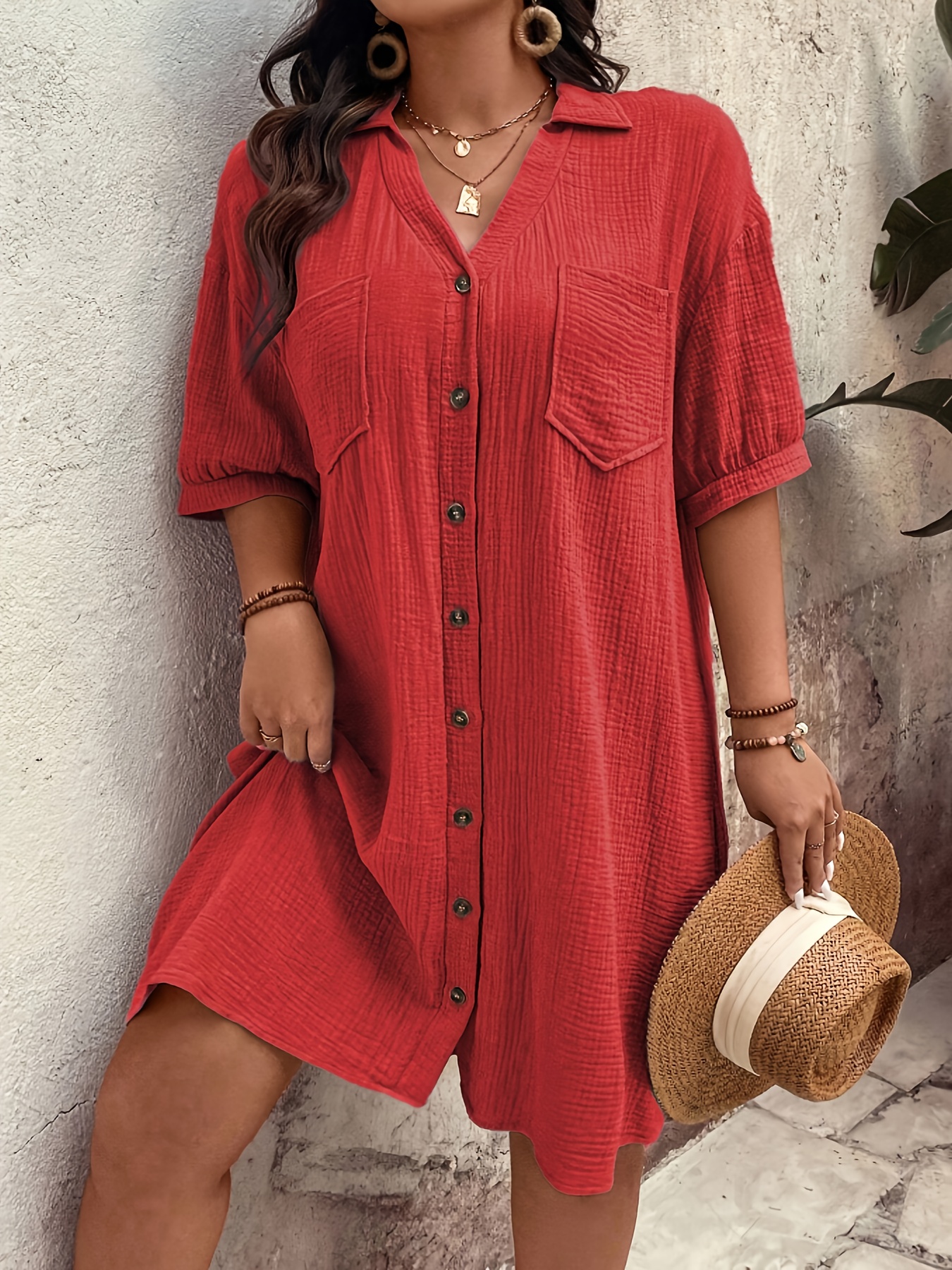 Women's Textured Puff Sleeve Pocket Shirt  Dress