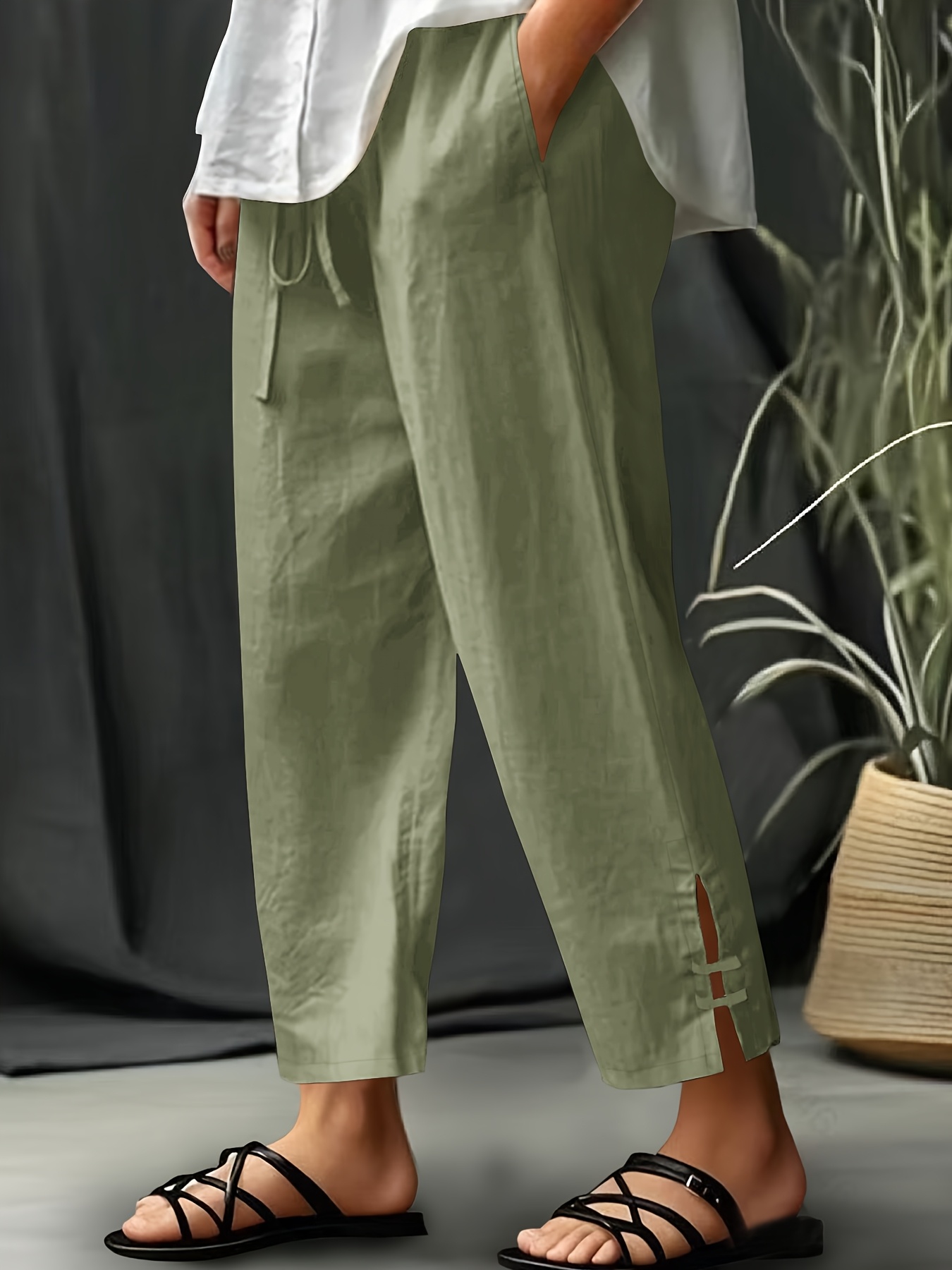 Women's Drawstring Waist Side Slit Buckle Detail Linen Cropped Pants