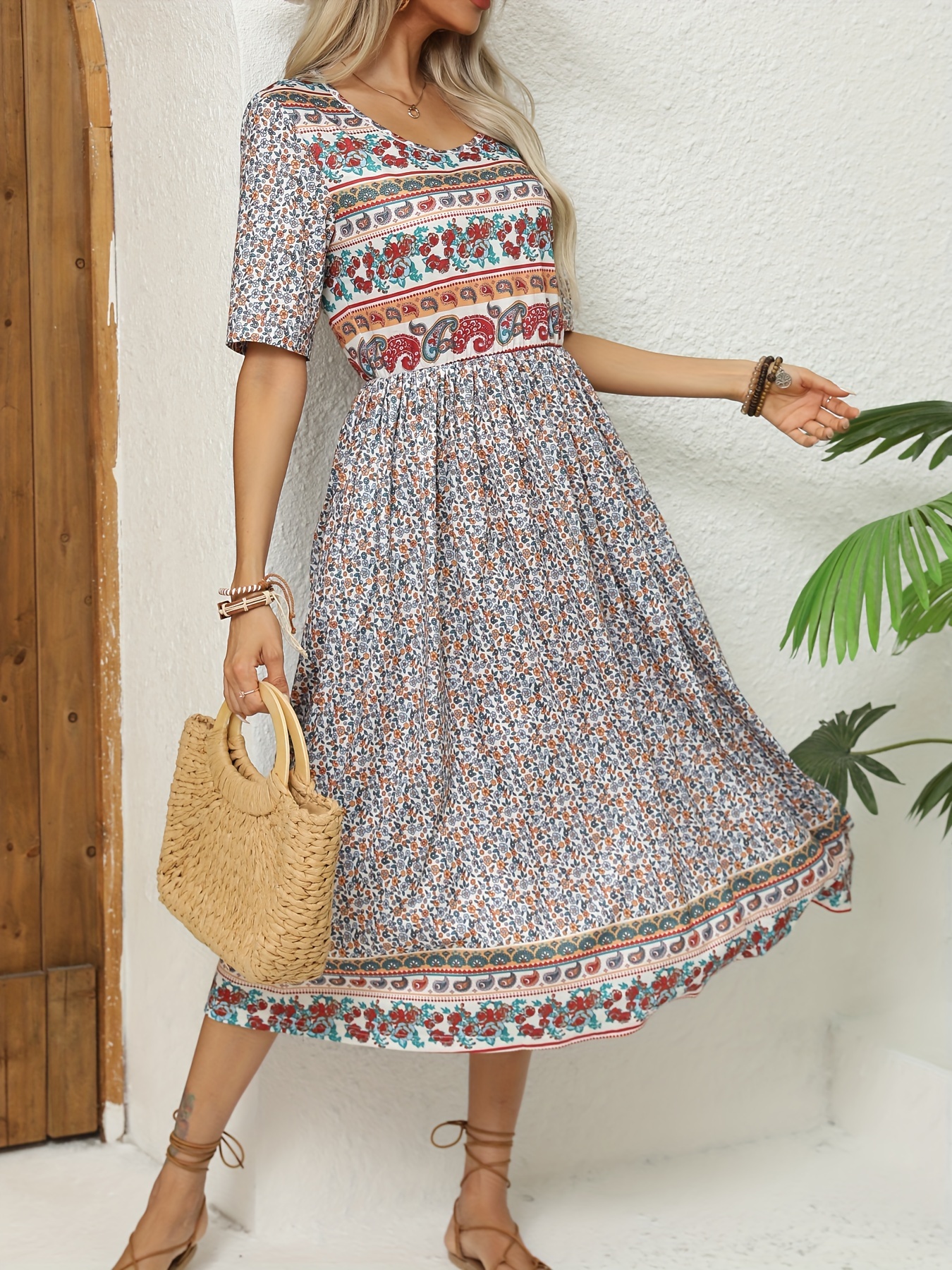 Women's Boho Border Paisley Print Short Sleeve Midi Dress