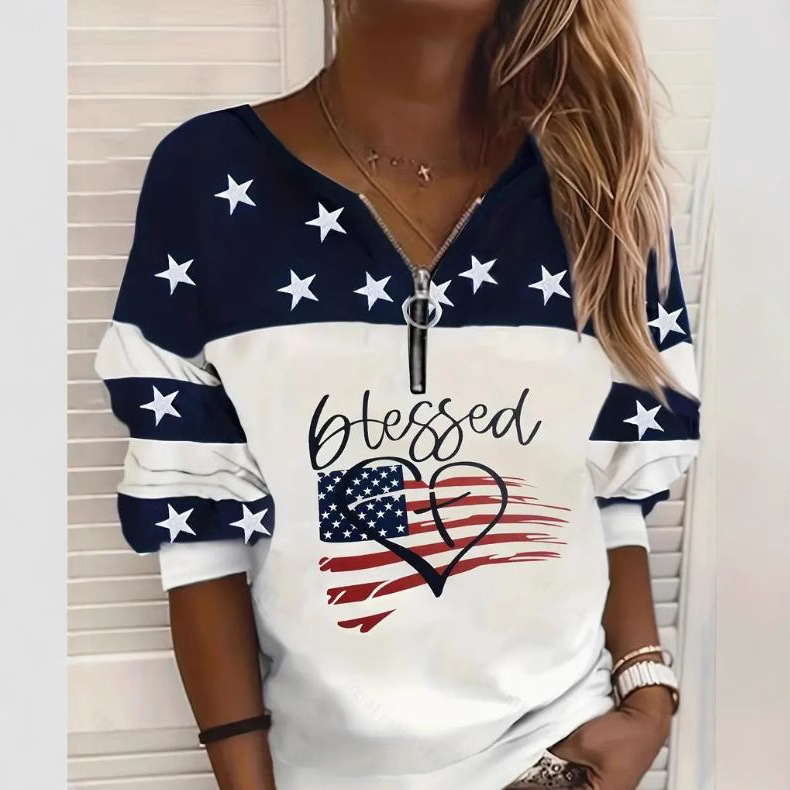 Women's Blessed Heart Flag Star Striped Zip V-Neck Sweatshirt