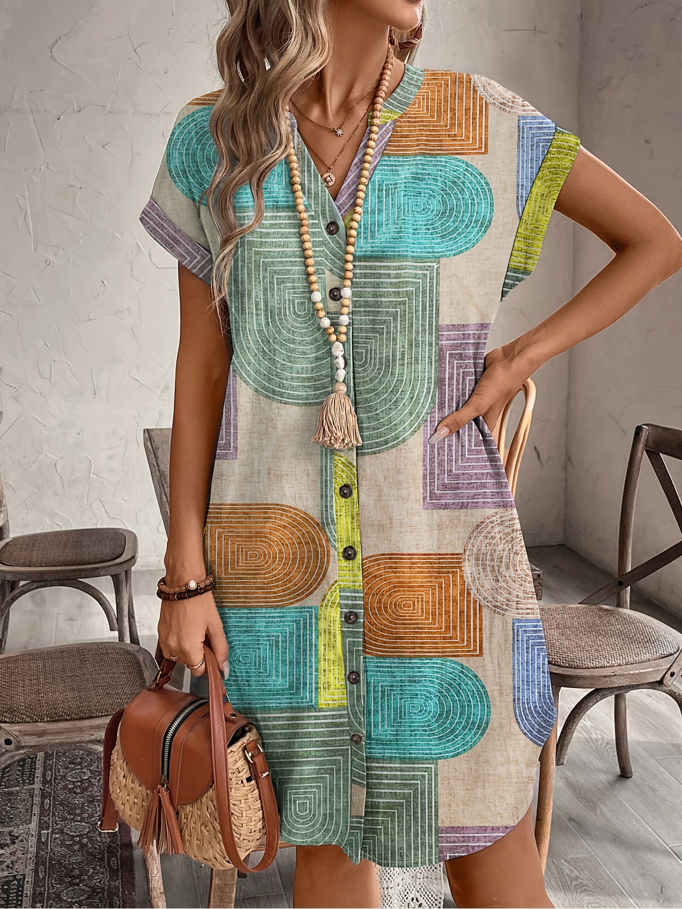 Women's Geometric Print Half Button Short Sleeve Linen Shirt Dress