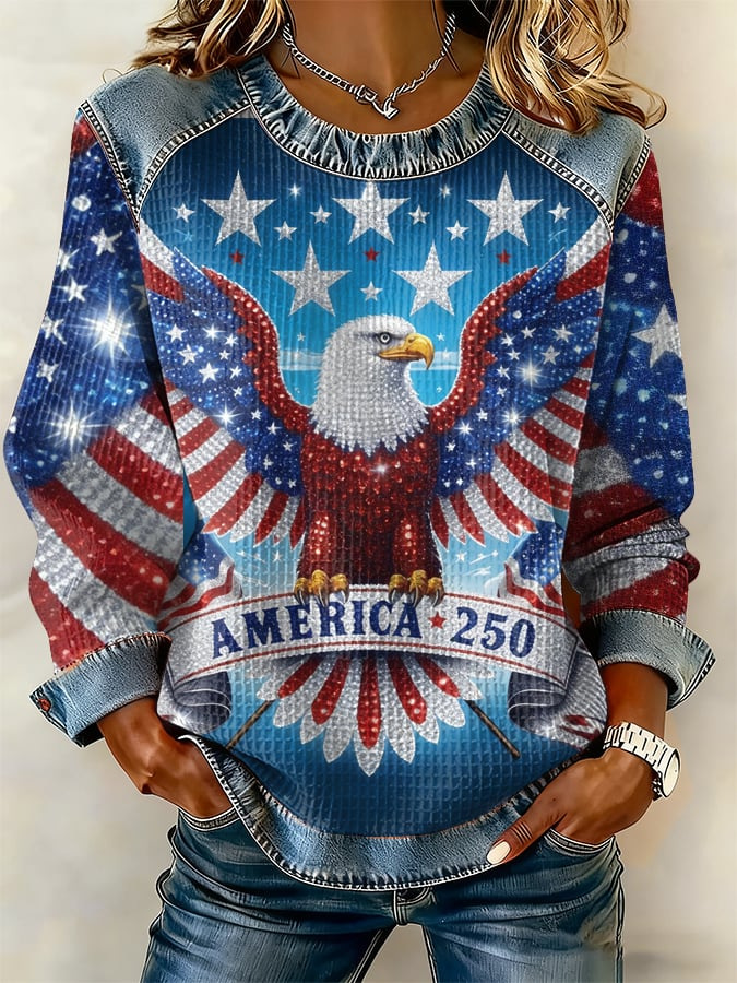 Women's Denim Splice Patriotic Long Sleeve Raglan Top Assortment