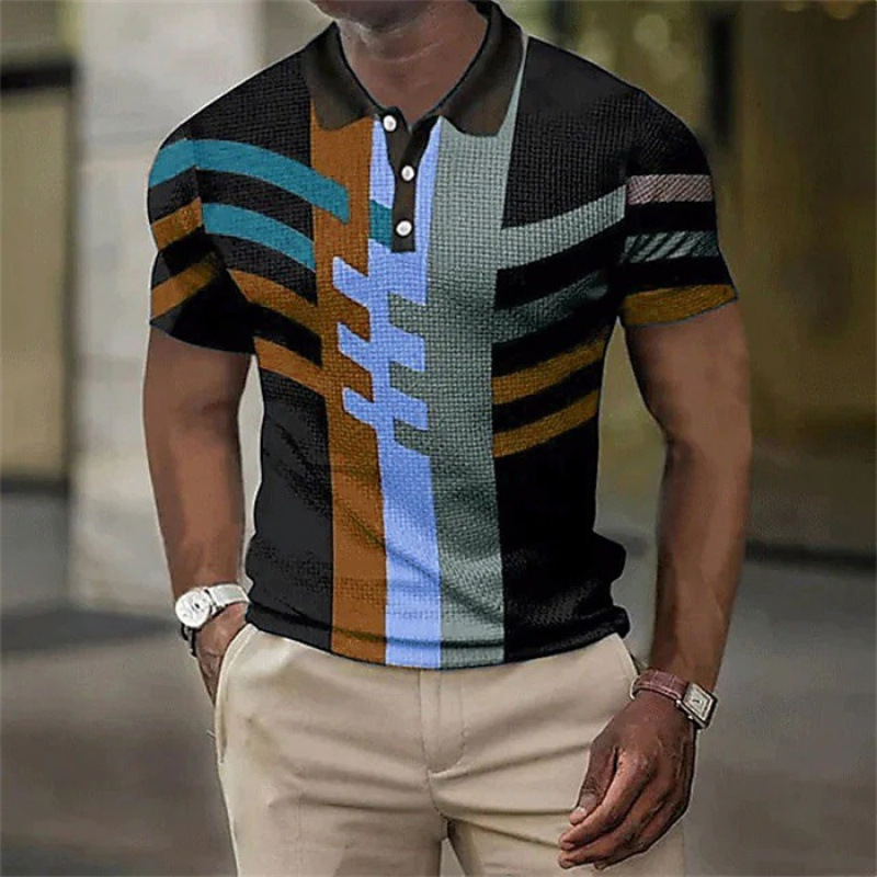 Men's Color Block Plaid Waffle Knit Short Sleeve Polo Shirt