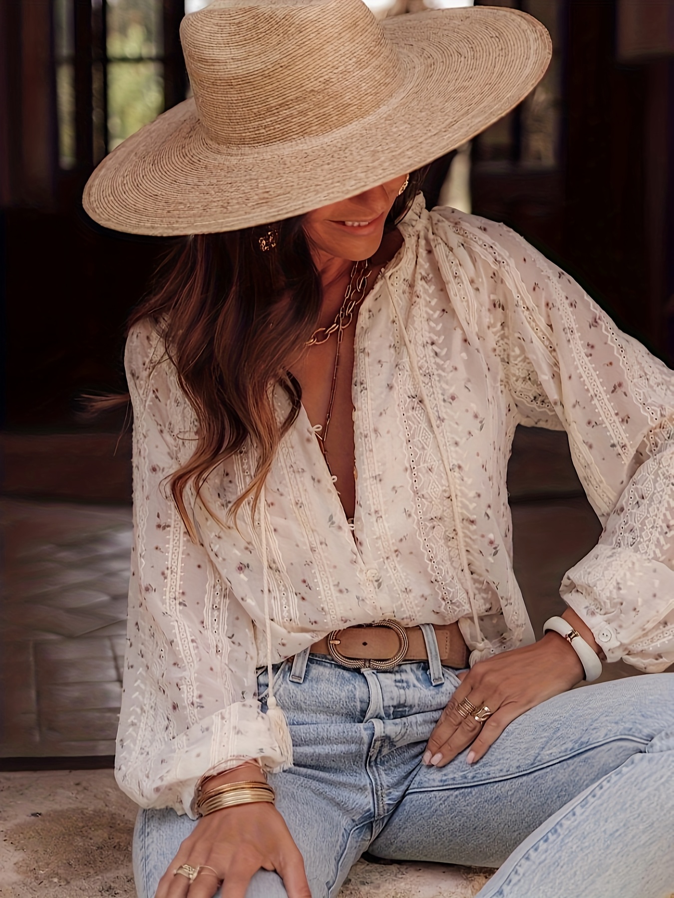 Women's Ditsy Floral Eyelet Embroidery Tassel Long Sleeve Blouse