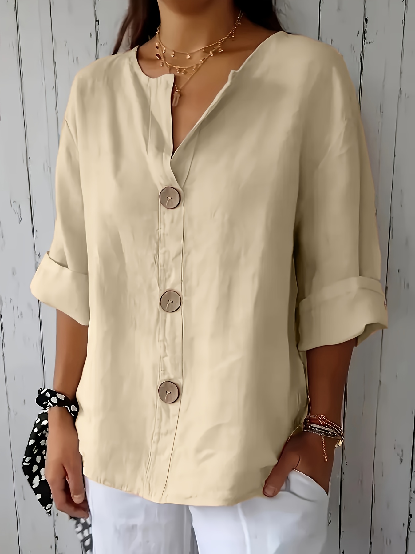 Women's Solid Notch V Neck Three Quarter Linen Blend Blouse