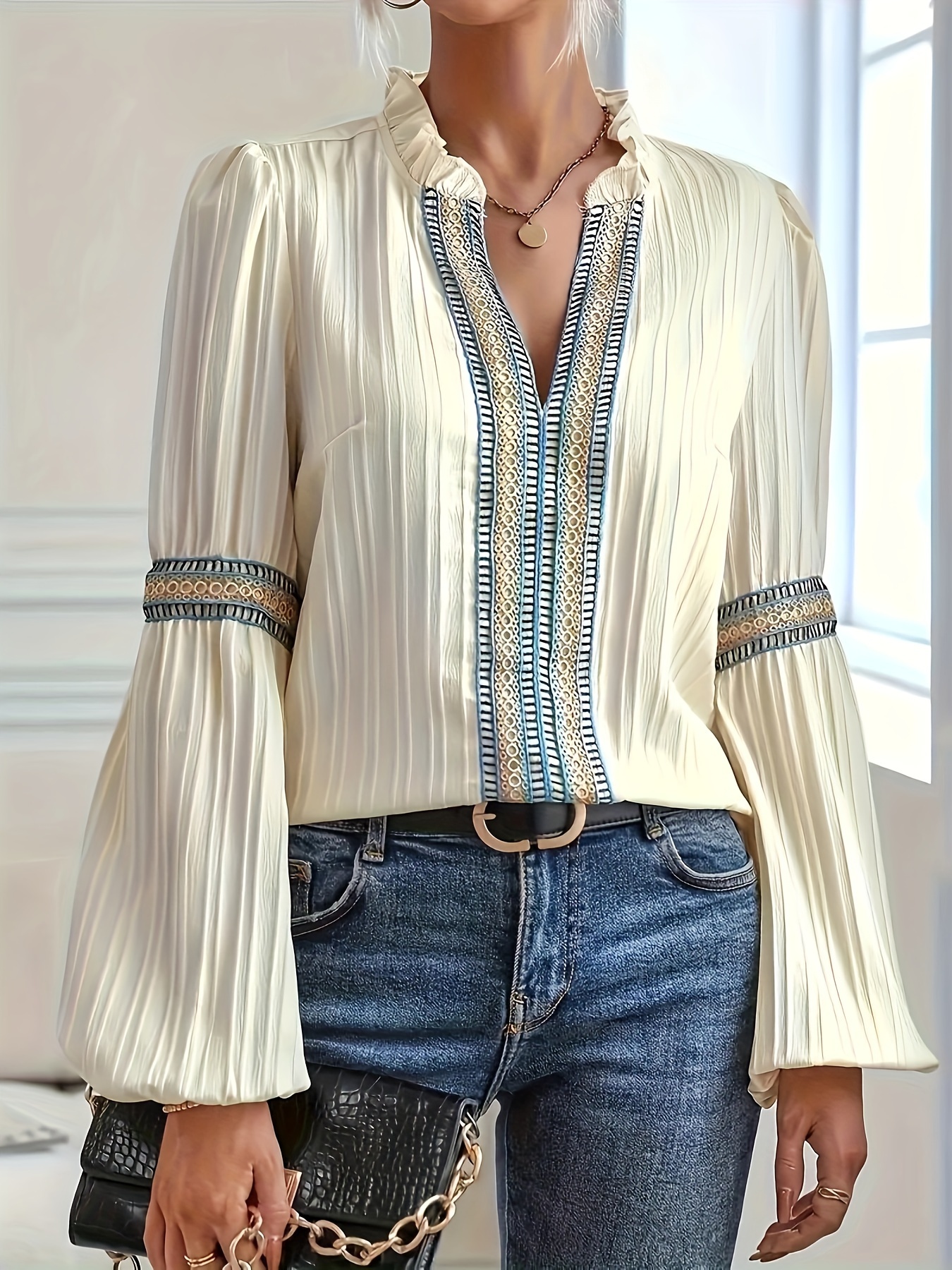 Women's Contrast Embroidery Trim Ruffle Neck Bell Long Sleeve Blouse