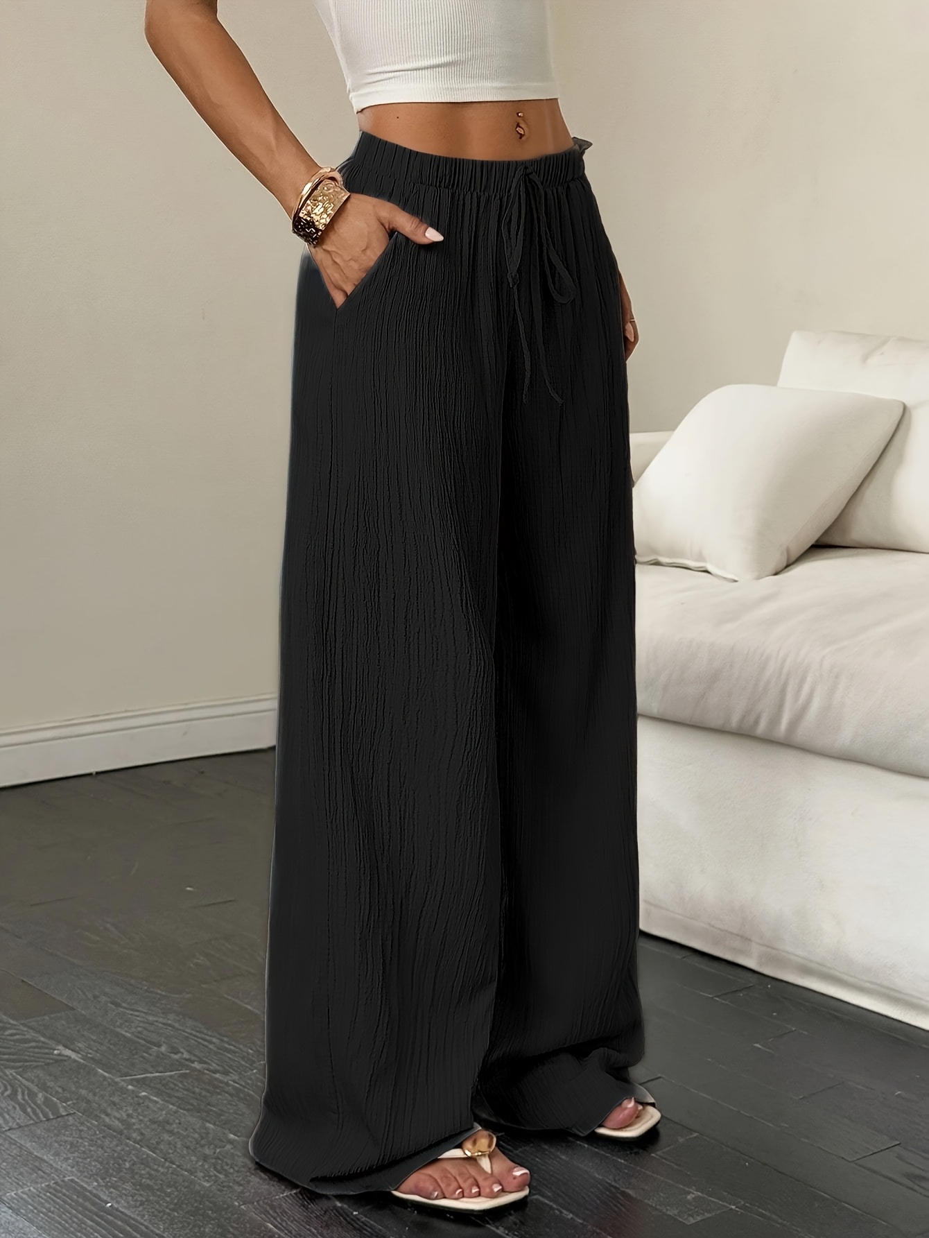 Women's Crinkle Texture Drawstring High Waist Wide Leg Casual Pants