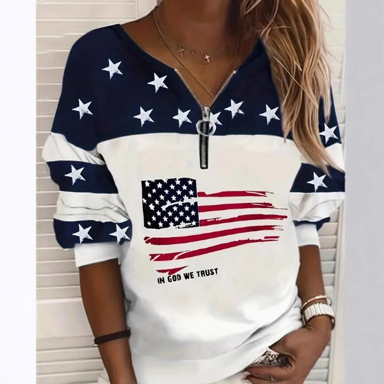 Women's Blessed Heart Flag Star Striped Zip V-Neck Sweatshirt