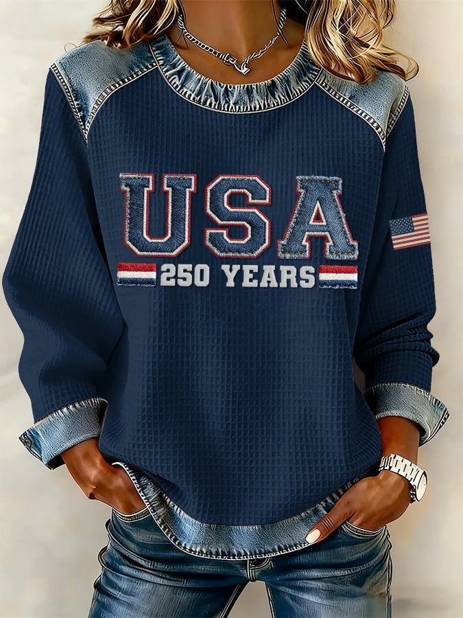 Women's Denim Splice Patriotic Long Sleeve Raglan Top Assortment