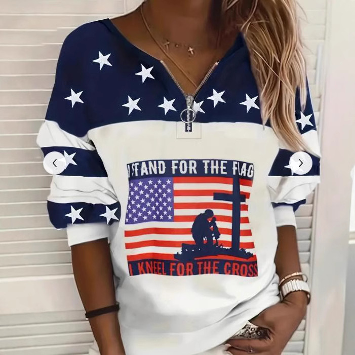 Women's Blessed Heart Flag Star Striped Zip V-Neck Sweatshirt