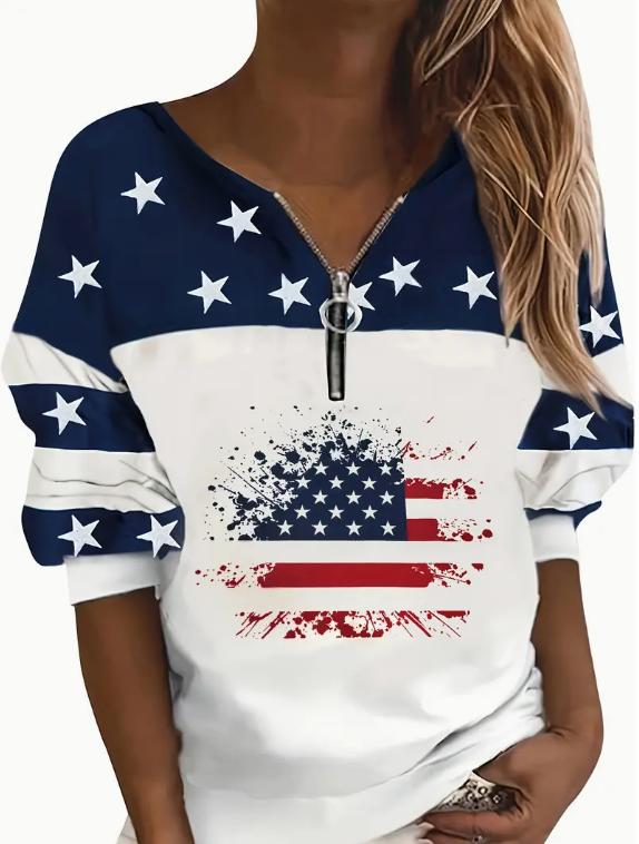 Women's Blessed Heart Flag Star Striped Zip V-Neck Sweatshirt