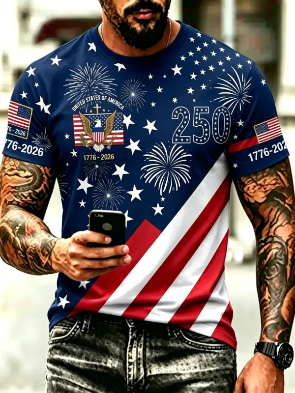 🔥Men's 250th Anniversary Eagle Fireworks Patriotic Short Sleeve T-Shirt Brief Description
