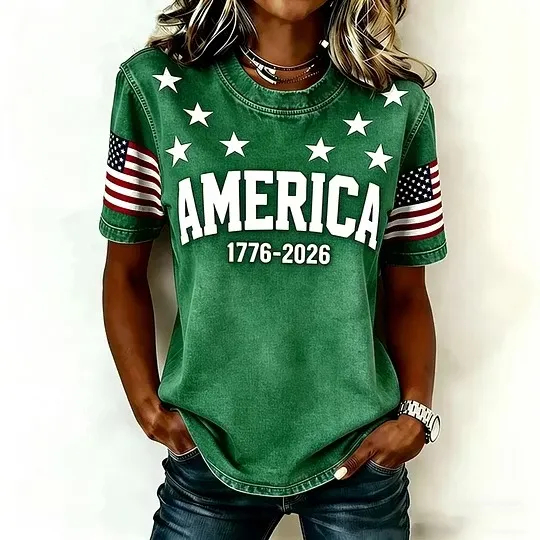 Women's America 1776-2026 Patriotic Flag Short-Sleeve T-Shirt - Casual Star Print Crew Neck Tee