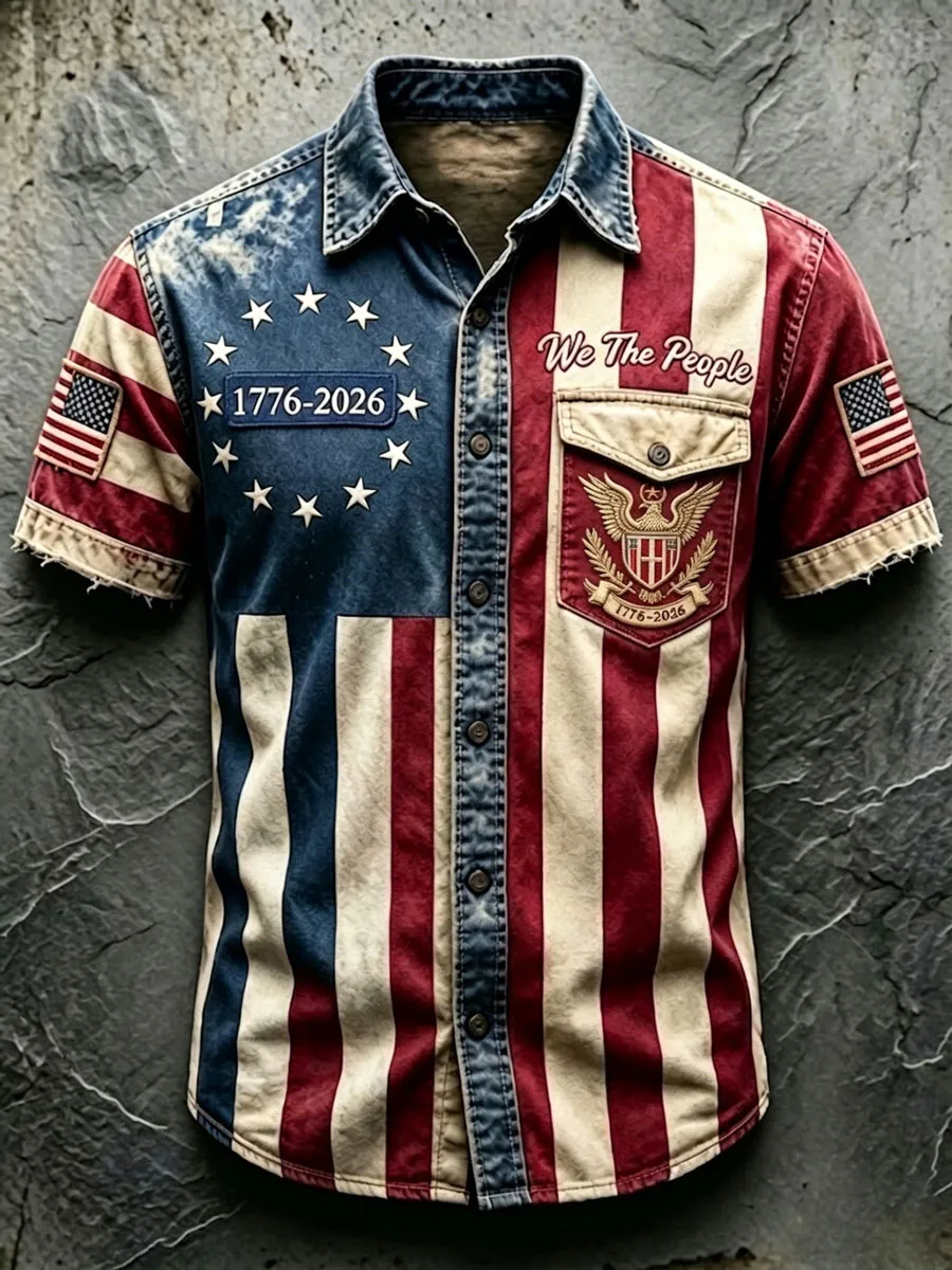 Men's USA 250th Anniversary 1776-2026 Vintage Flag Print Short-Sleeve Button-Down Shirt - "We The People" Eagle Graphic
