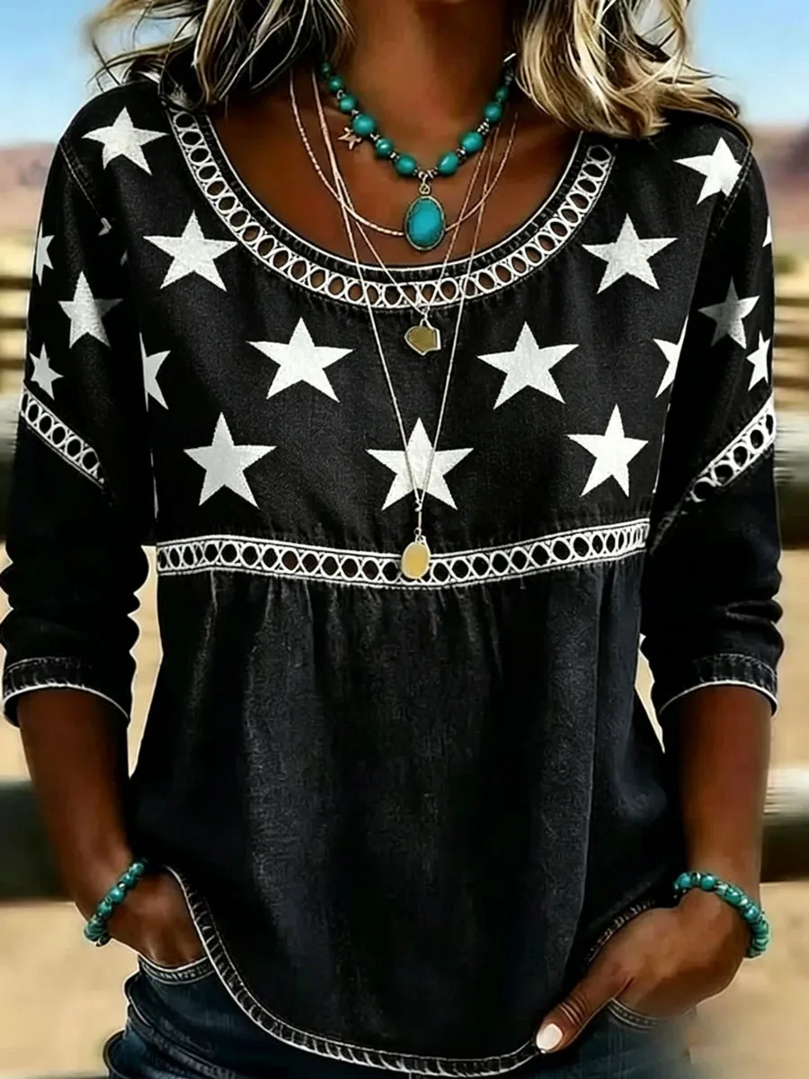 Western Star Denim Tunic Top | Boho Style Casual Long Sleeve Blouse
