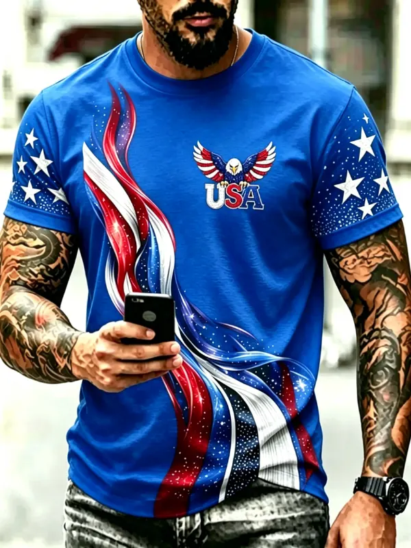 Men's Eagle USA Flowing Flag Graphic Short Sleeve T-Shirt Brief Description