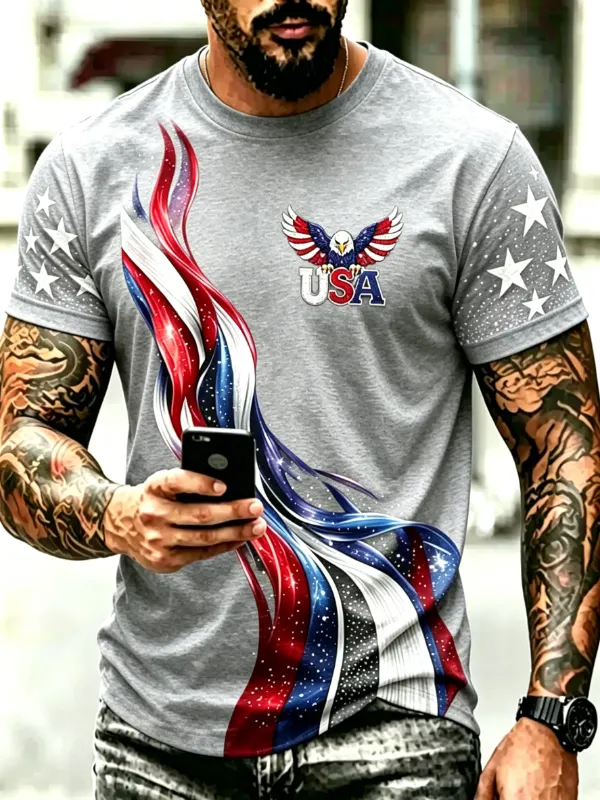 Men's Eagle USA Flowing Flag Graphic Short Sleeve T-Shirt Brief Description