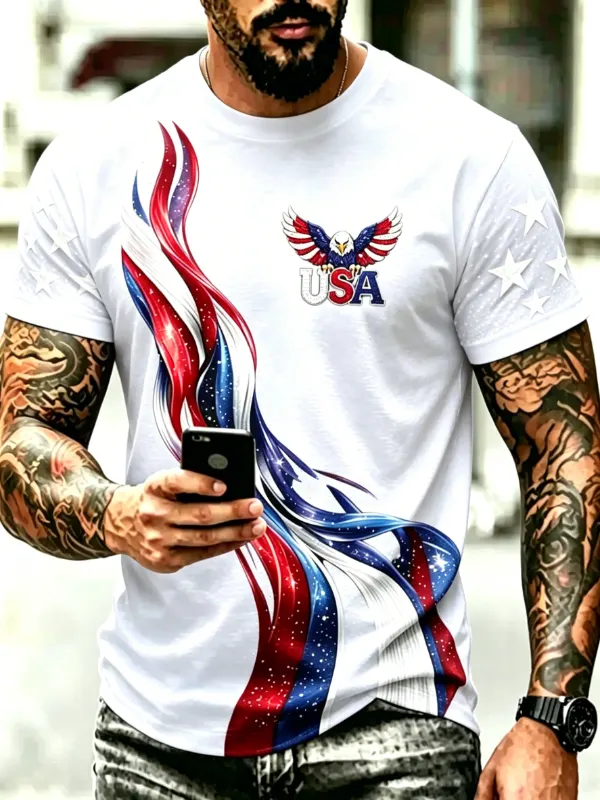 Men's Eagle USA Flowing Flag Graphic Short Sleeve T-Shirt Brief Description