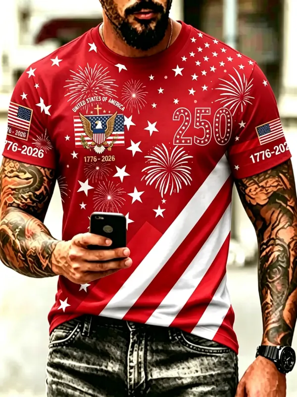 🔥Men's 250th Anniversary Eagle Fireworks Patriotic Short Sleeve T-Shirt Brief Description