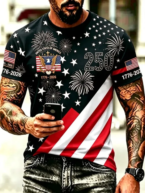 🔥Men's 250th Anniversary Eagle Fireworks Patriotic Short Sleeve T-Shirt Brief Description