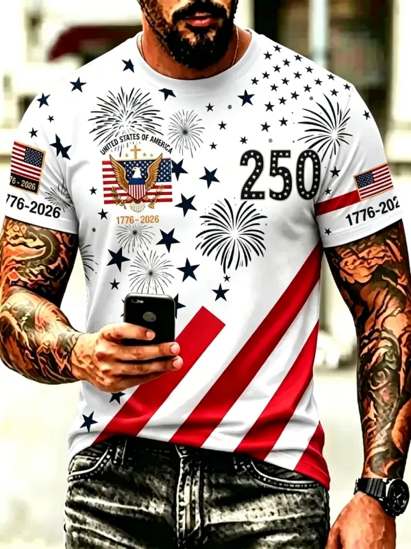 🔥Men's 250th Anniversary Eagle Fireworks Patriotic Short Sleeve T-Shirt Brief Description
