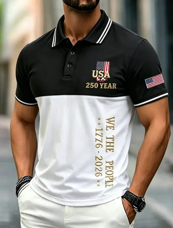 Men's Color Block Patriotic Commemorative Polo Shirt