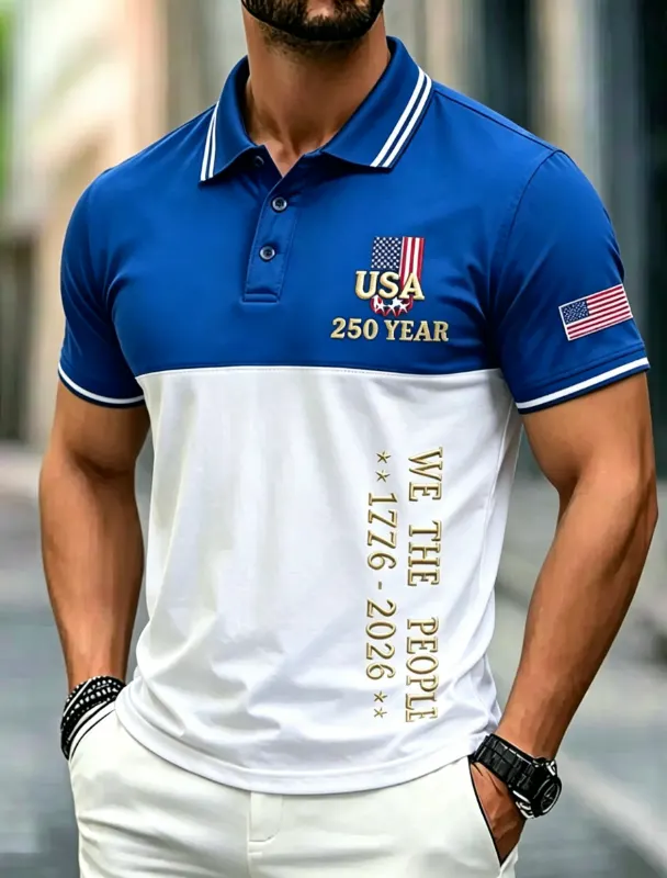 Men's Color Block Patriotic Commemorative Polo Shirt