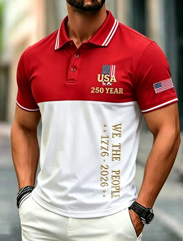 Men's Color Block Patriotic Commemorative Polo Shirt